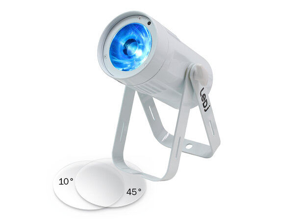 LEDJ 15W LED Pinspot RGBW, DMX Hvit med 10 og 45 grader linse 
