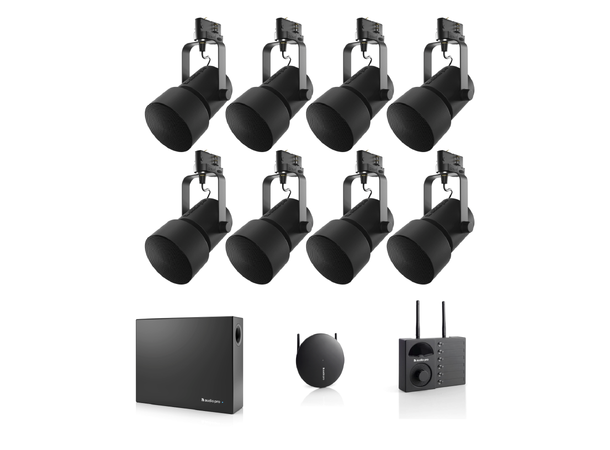 Audiopro 100kvm pakke SORT M/SUB 1x Vol-1 + 8x SP-1 + 1x SUB-1 + 1x TX-1 