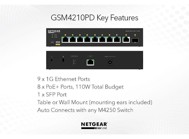 NETGEAR AV Line M4250-9G1F-PoE+ 8x1G PoE+ 110W, 2x10G, 2xSFP+ Managed 