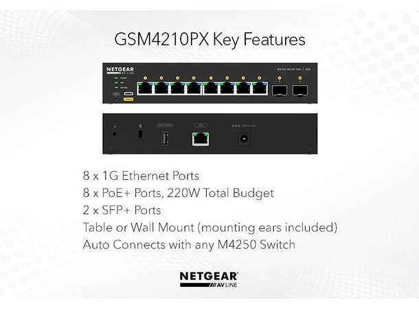 NETGEAR AV Line M4250-9G1F-PoE+ 8x1G PoE+ 220W og 2xSFP+ Managed Switch