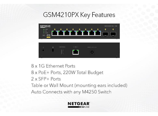 NETGEAR AV Line M4250-9G1F-PoE+ 8x1G PoE+ 220W og 2xSFP+ Managed Switch 