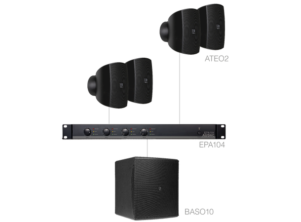 Audac SUBLI2.5E. 4xAteo2+EPA104+BASO10 Installasjonspakke - 50m2 - Sort 