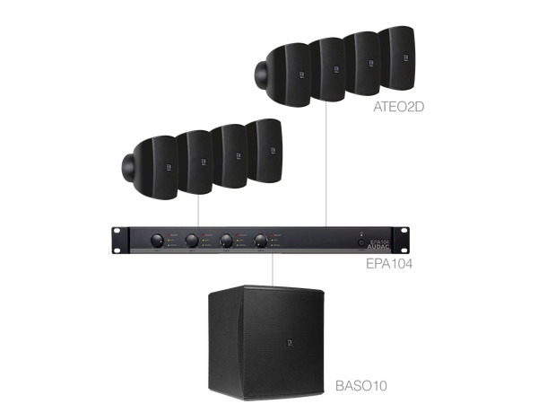 Audac SUBLI2.9E. 8xAteo2+EPA104+BASO10 Installasjonspakke - 100m2 - Sort 