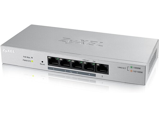 ZYXEL Managed 5-Port Gigabit PoE+ Switch Vifteløs, 4x 10Gbps 60W PoE,+ 1x 10Gbps 