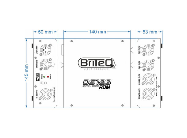 BRITEQ DS123-RDM DMX Splitter 1 inn/2 ut. Powercon passthru, 3pin XLR 